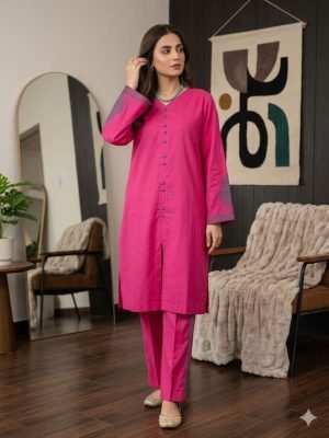 Elegant Fuchsia Pink Lawn 2-Piece Women’s Kurta Trouser Set