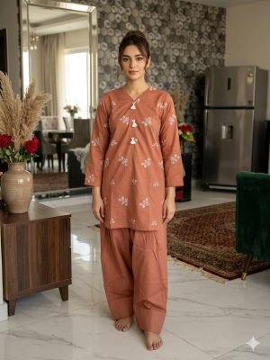 Rust Blossom Embroidered Kurta & Farshi Shalwar Co-Ord Set