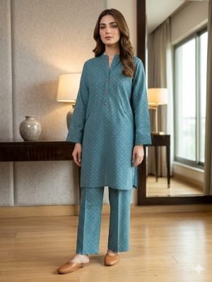Teal Dot Printed Lawn Kurta & Straight Trouser Co-Ord Set