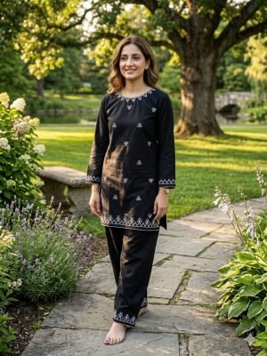 Midnight Elegance Embroidered Cotton Black Kurta Trouser Set