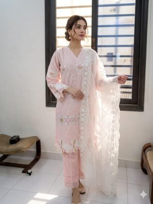Blush Petal Elegance – Embroidered Lawn 3-Piece Suit