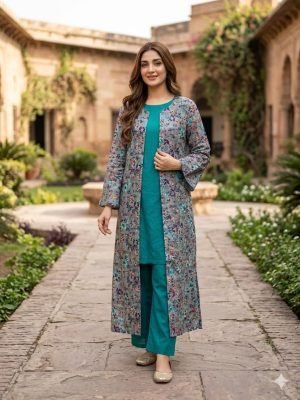 Turquoise Bloom 3-Piece Lawn Suit with Floral Long Jacket